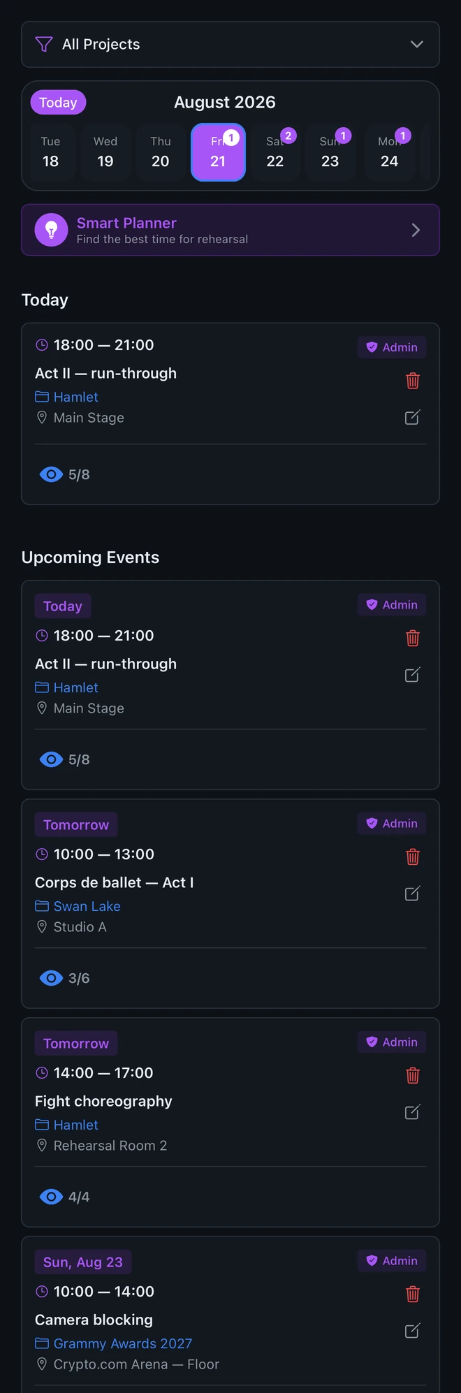 The Rehearsly calendar, listing today's and upcoming rehearsals across several productions