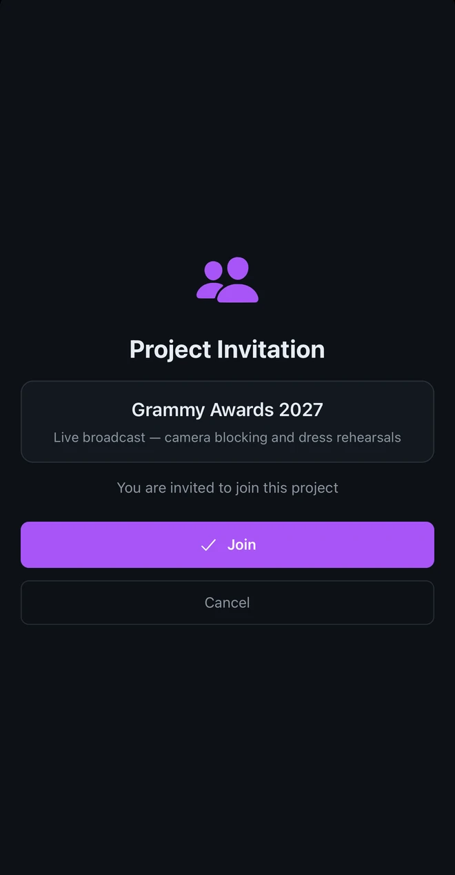 An invitation screen naming the production, with a single Join button