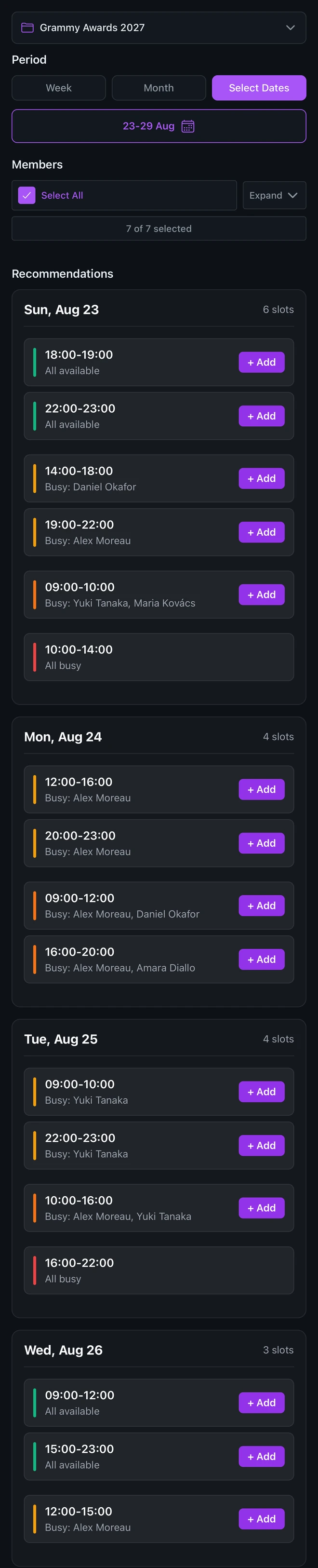 Smart Planner listing time windows day by day, each marked as everyone free, partly busy or all busy