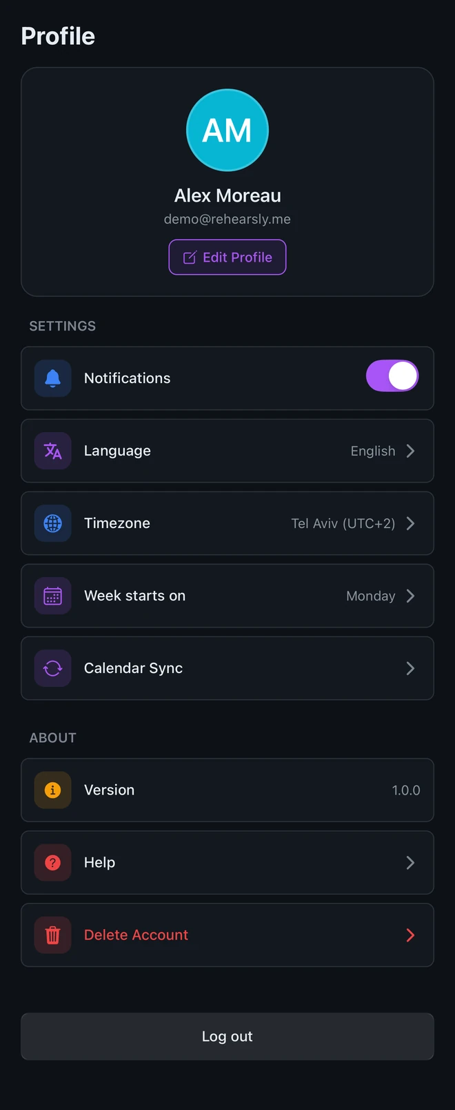 Profile settings with language, timezone and the day the week starts on