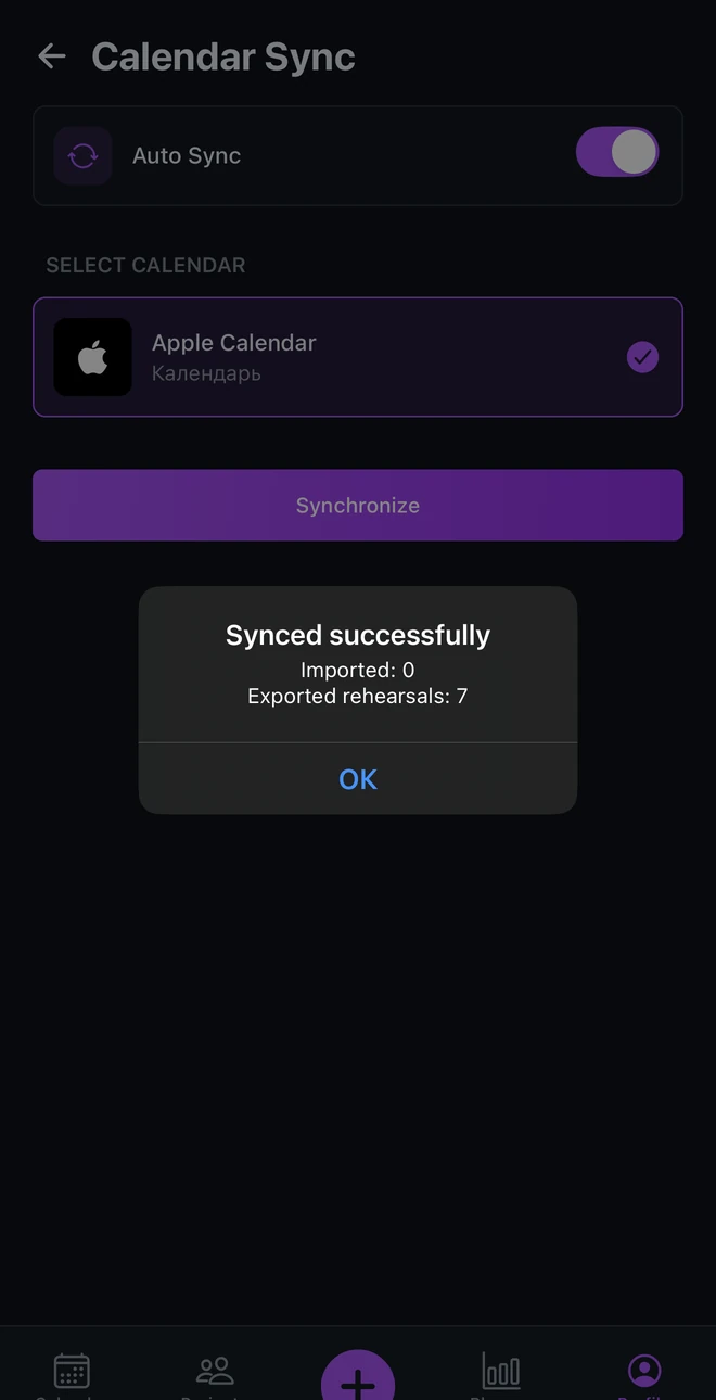 Calendar sync with auto-sync on, confirming that seven rehearsals were exported to the phone's calendar